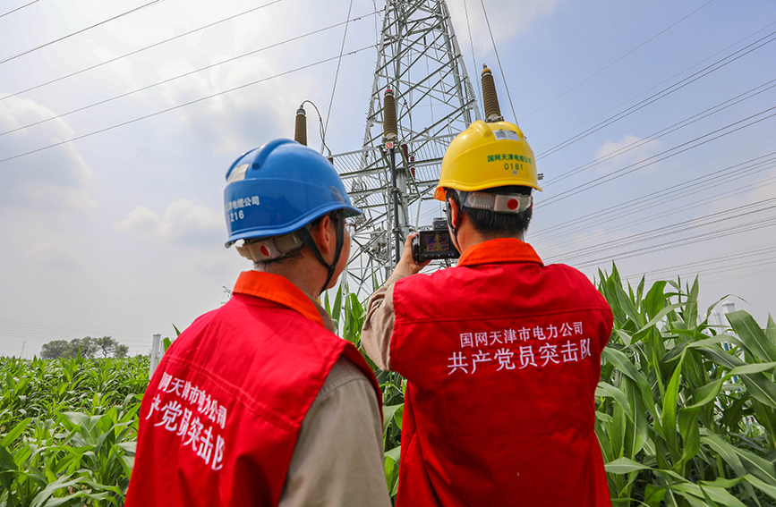 8月8日，国网天津电缆公司组织共产党员突击队对静海区贾口洼地区220kv环牵线、110kv官保二线，保风线等电缆线路及终端塔等设备开展红外测温、无人机巡检，确保防汛保电线路供电可靠。郭斌 摄